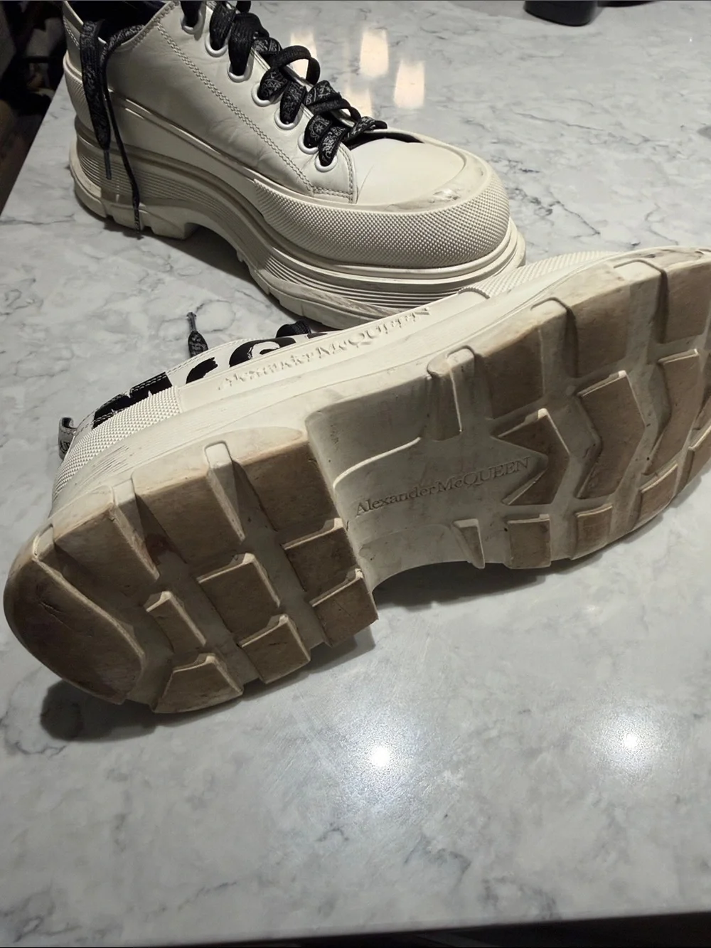Alexander McQueen White Leather Platform Sneakers with Black Graphic